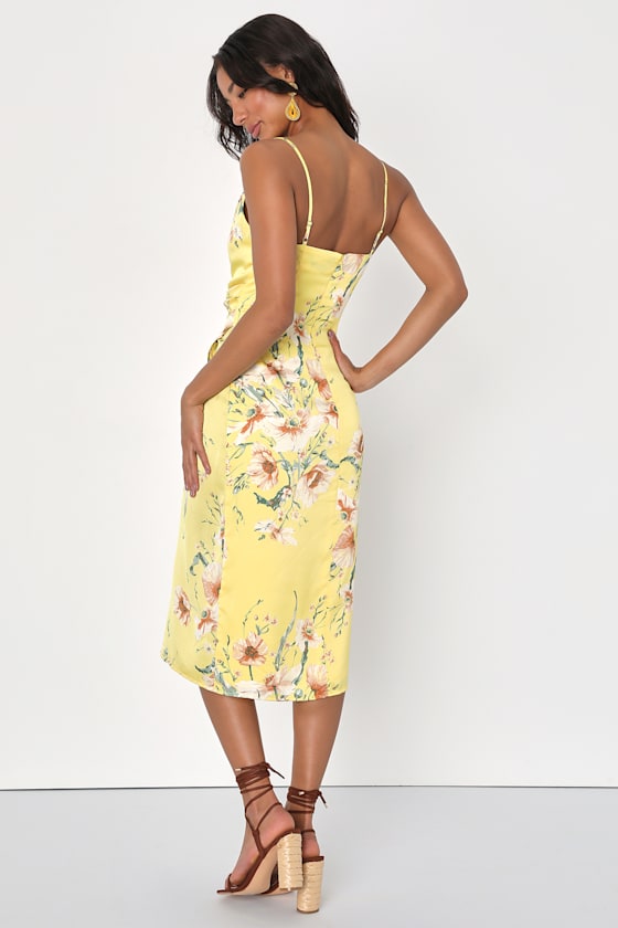 Sunny Blossom Yellow Floral Print Satin Cowl Neck Midi Dress
