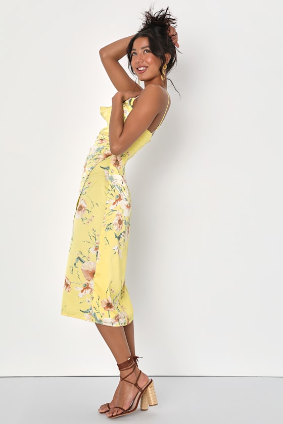 Sunny Blossom Yellow Floral Print Satin Cowl Neck Midi Dress