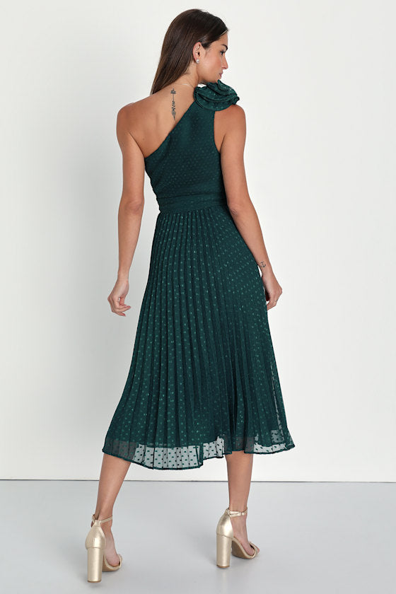 Special Charm Teal Pleated Swiss Dot One-Shoulder Midi Dress