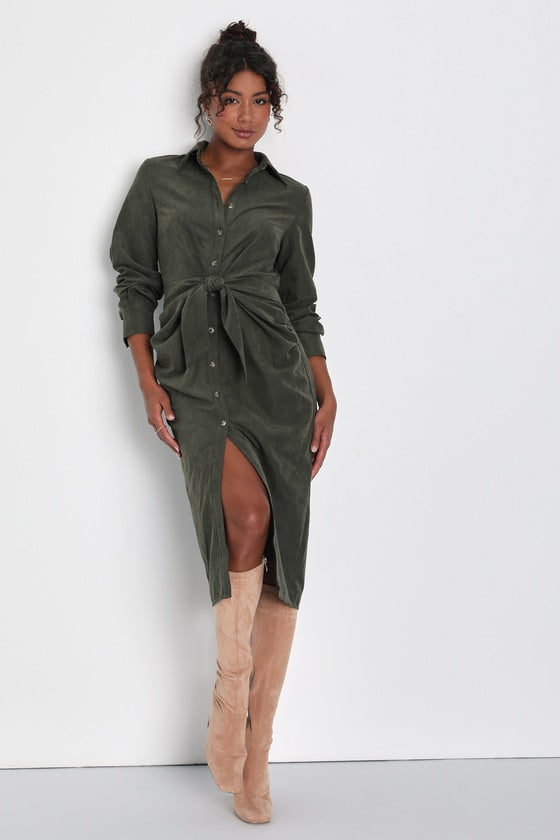 Autumnal Views Tan Suede Button-Up Tie-Front Midi Dress