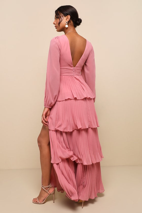 Graceful Finesse Black Pleated Long Sleeve Maxi Dress