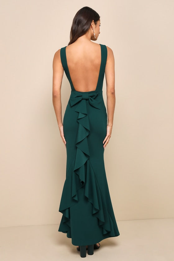 Exquisite Refinement Black Backless Bow Ruffled Maxi Dress