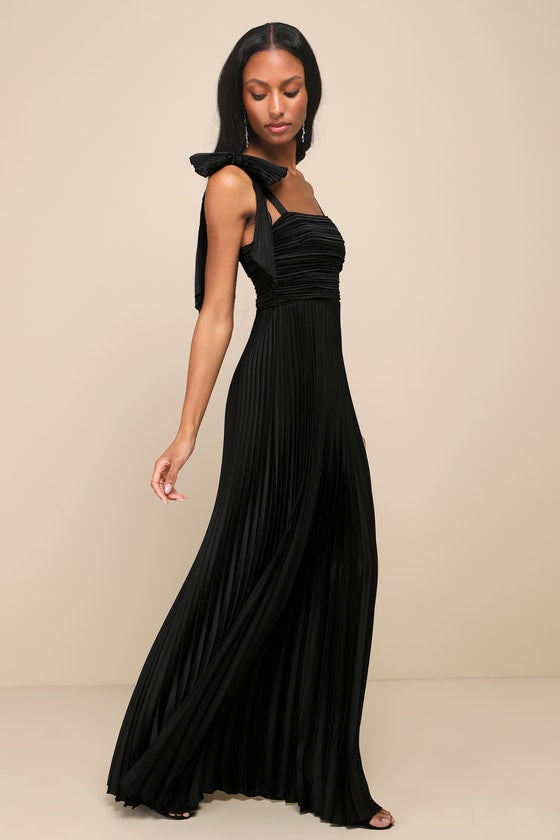 Gorgeous Purpose Slate Satin Pleated Sleeveless Bow Maxi Dress