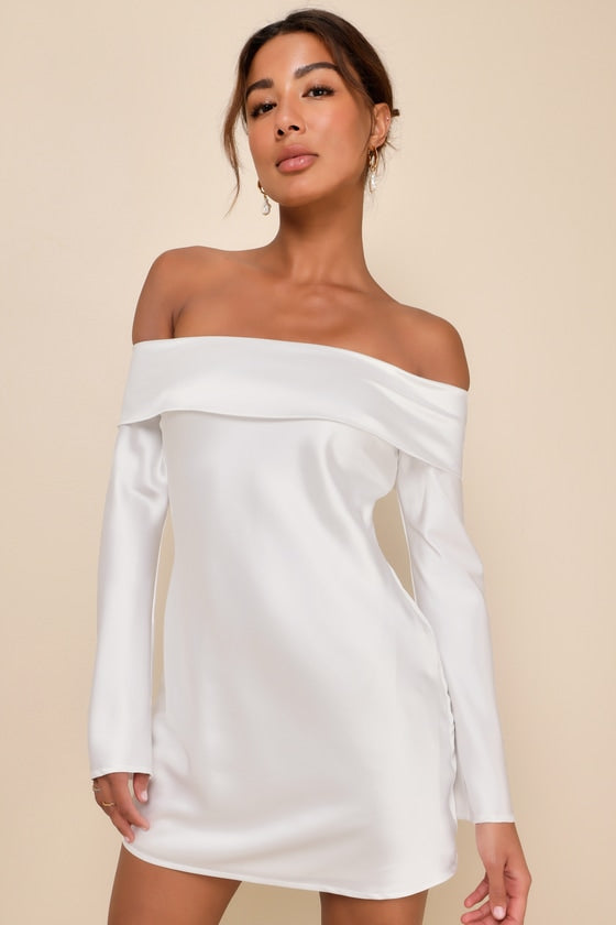 Luxurious Vision Olive Green Satin Off-the-Shoulder Mini Dress