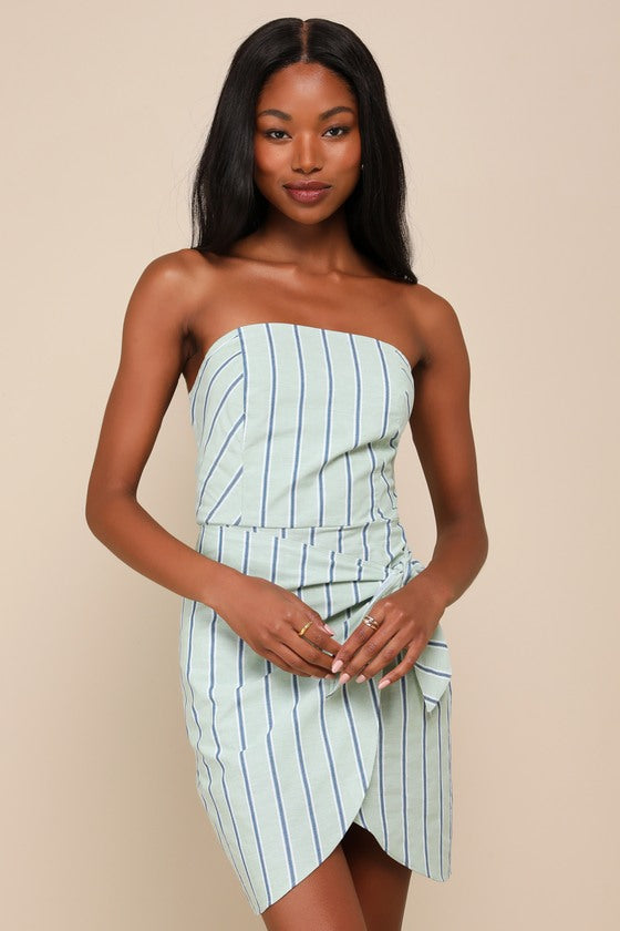 Cute Finesse Sage Striped Cotton Strapless Tie-Front Mini Dress