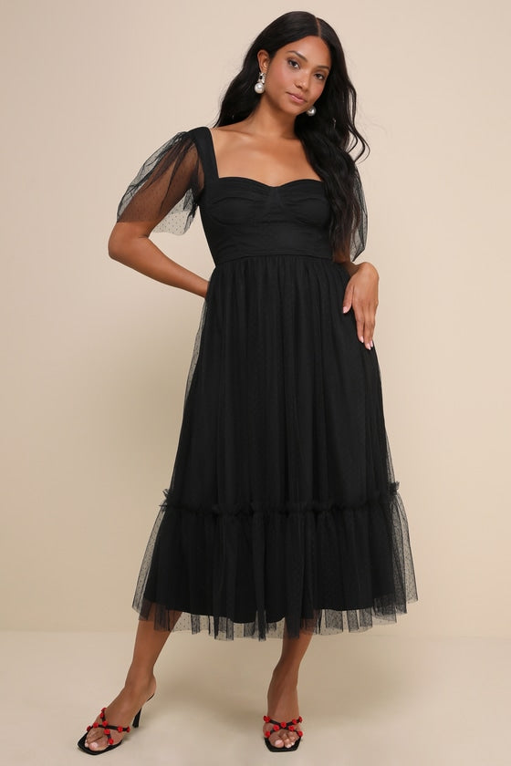 Dreamy Celebration White Tulle Bustier Swiss Dot Midi Dress
