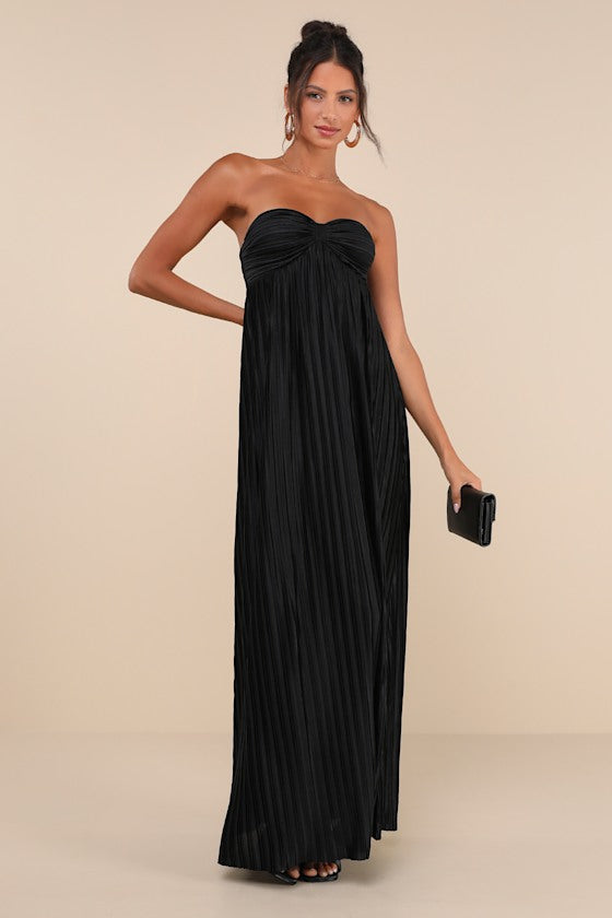 Whimsical Beauty Dark Purple Satin Plisse Strapless Maxi Dress