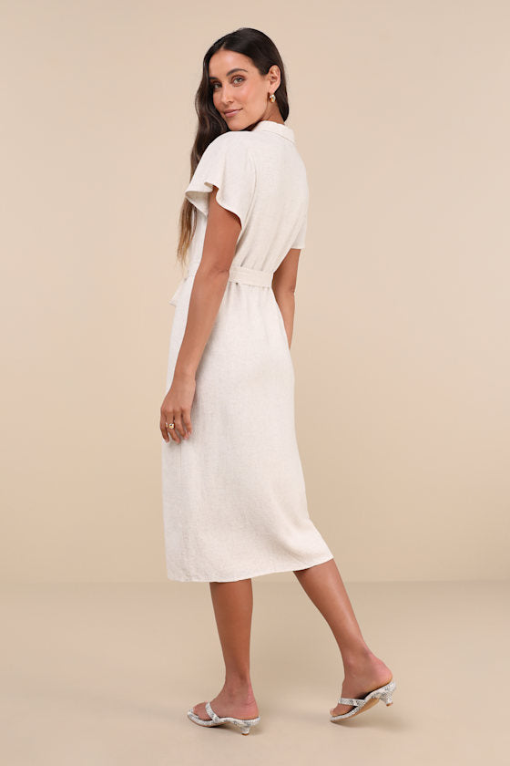 Italian Summer Beige Linen Midi Dress