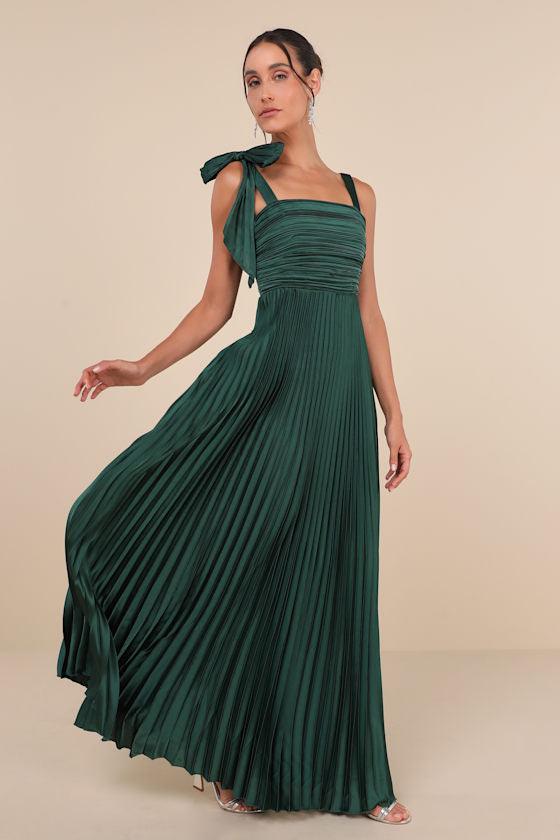 Gorgeous Purpose Red Satin Pleated Sleeveless Bow Maxi Dress