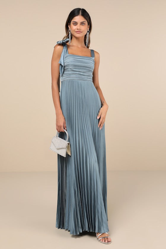 Gorgeous Purpose Red Satin Pleated Sleeveless Bow Maxi Dress