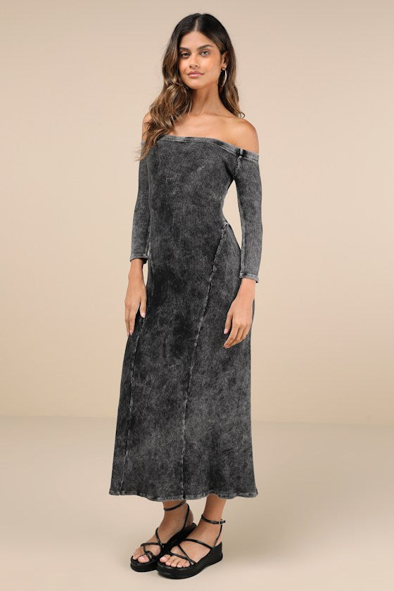 Remarkably Cool Washed Black Ribbed Off-the-Shoulder Midi Dress
