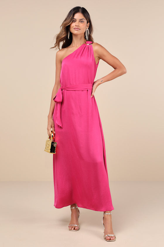 Goddess Aura Light Green Floral Satin One-Shoulder Maxi Dress