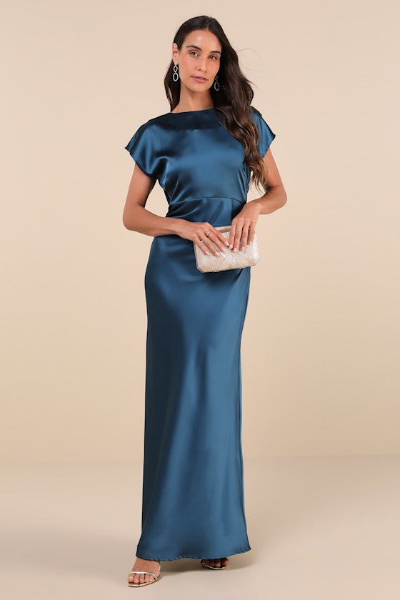 Captivating Presence Forest Green Satin Cowl Back Maxi Dress