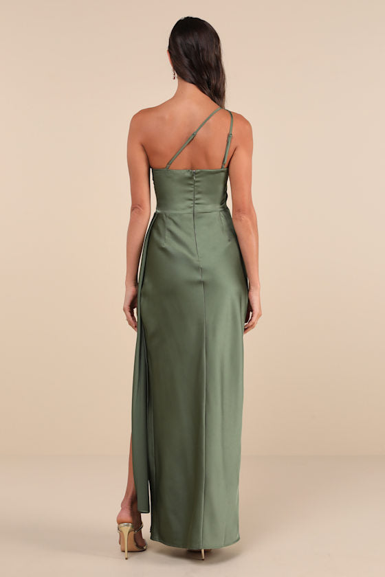 Signature Elegance Slate Blue Satin One-Shoulder Maxi Dress