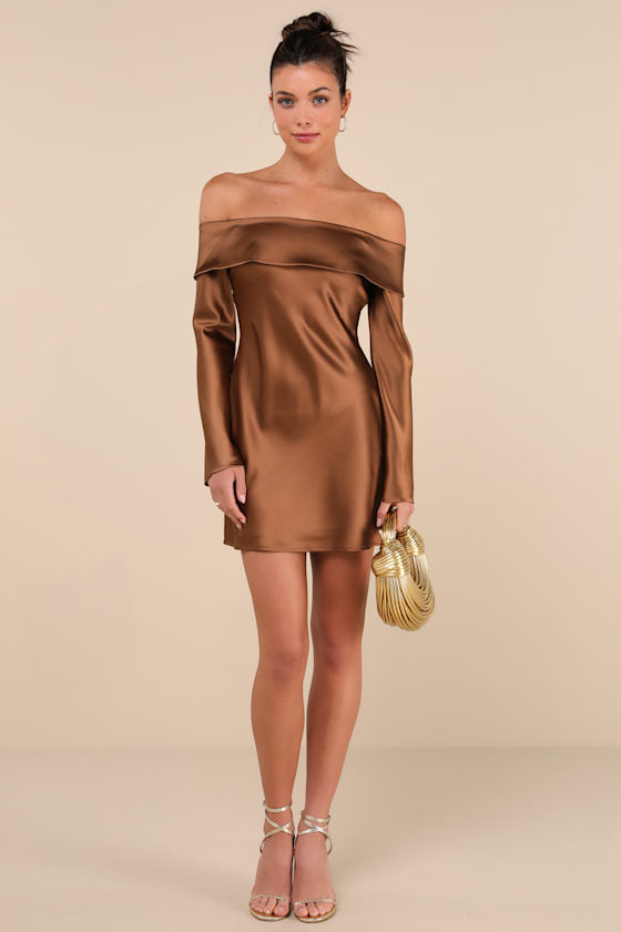 Luxurious Vision Berry Pink Satin Off-the-Shoulder Mini Dress