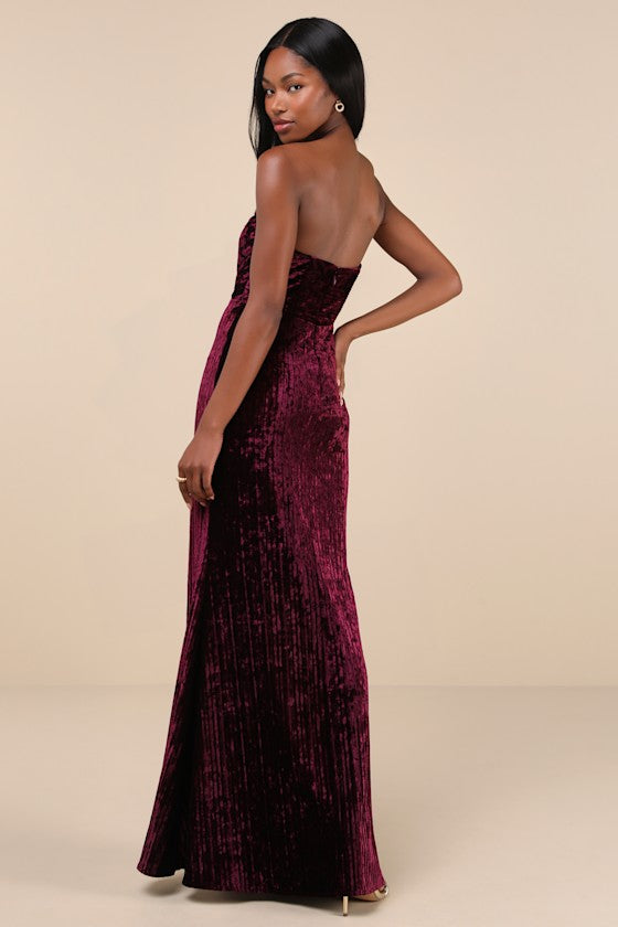 Classy Sensation Olive Velvet Pleated Strapless Maxi Dress