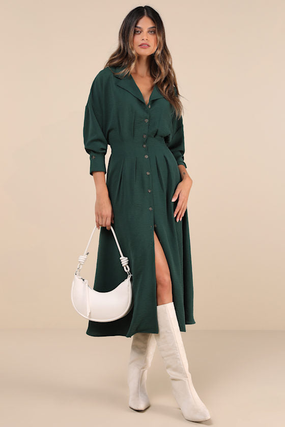 Timeless Class Dark Red Collared Button-Up Pleated Midi Dress