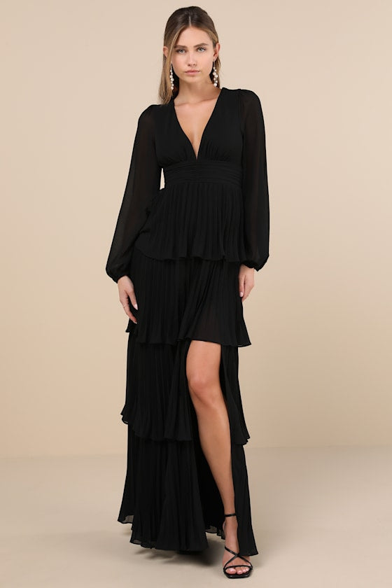 Graceful Finesse Olive Green Pleated Long Sleeve Maxi Dress