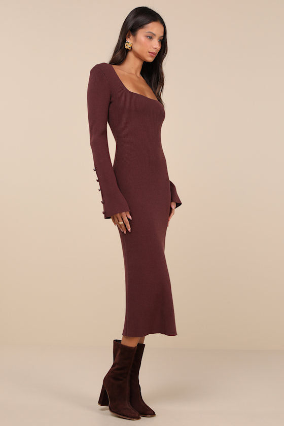 Classy Attitude Emerald Ribbed Square Neck Midi Sweater Dress