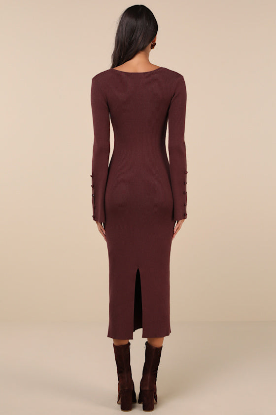 Classy Attitude Burgundy Ribbed Square Neck Midi Sweater Dress