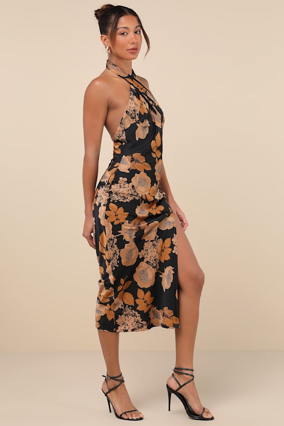 Beyond Classy Brown Satin Halter Midi Dress