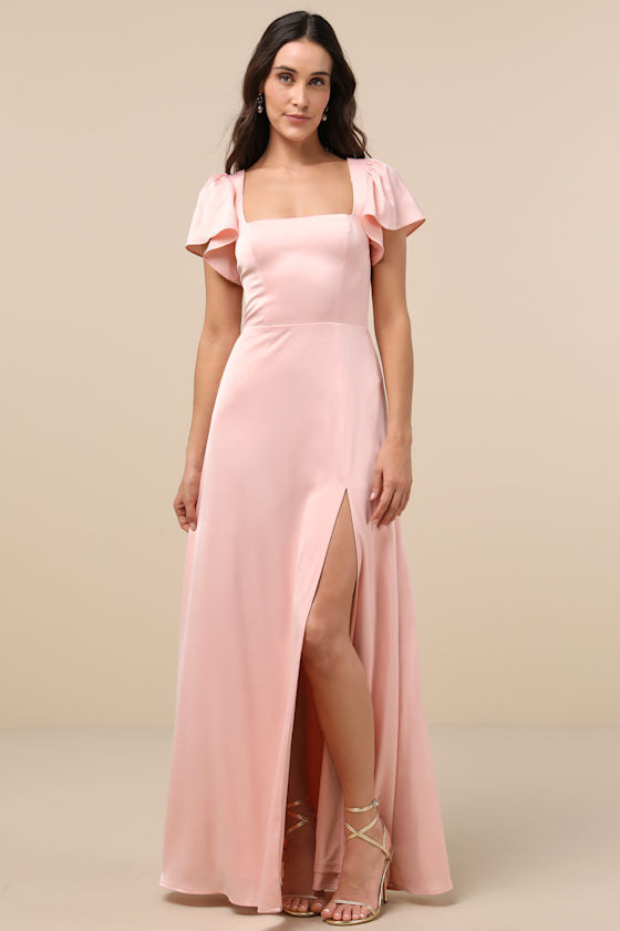 Ultimate Sweetness Plum Satin Flutter Sleeve Maxi Dress