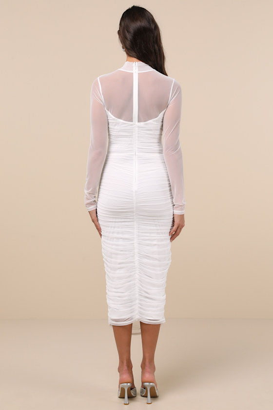 Impressive Flirt Olive Green Mesh Ruched Mock Neck Midi Dress