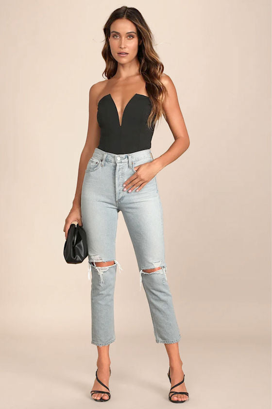 Babe Alert Black Notched Strapless Bodysuit