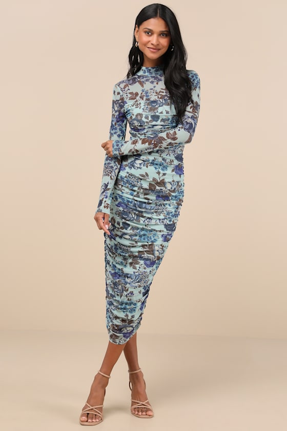 Impressive Flirt Olive Green Mesh Ruched Mock Neck Midi Dress