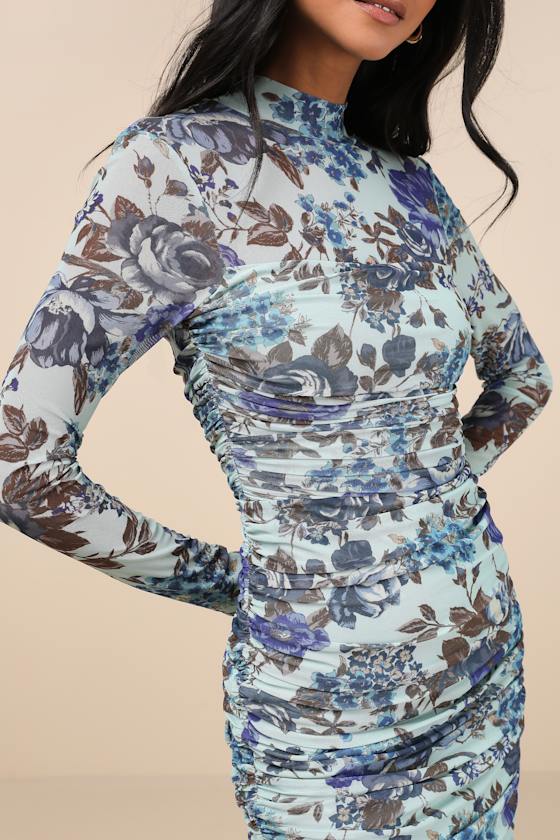 Impressive Flirt Slate Blue Mesh Ruched Mock Neck Midi Dress
