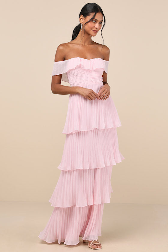 Always Remarkable Lavender Pleated Off-the-Shoulder Maxi Dress