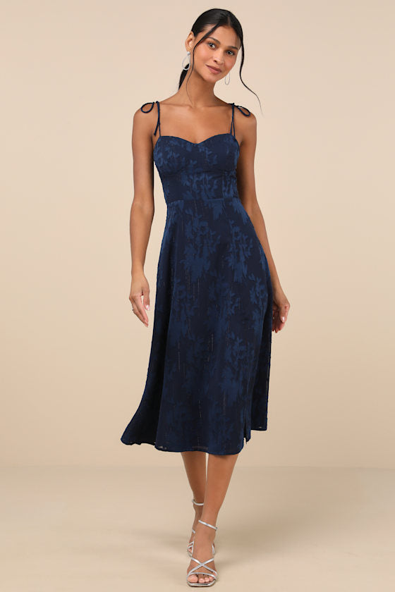 Loveliest Looks Burgundy Floral Jacquard Tie-Strap Midi Dress