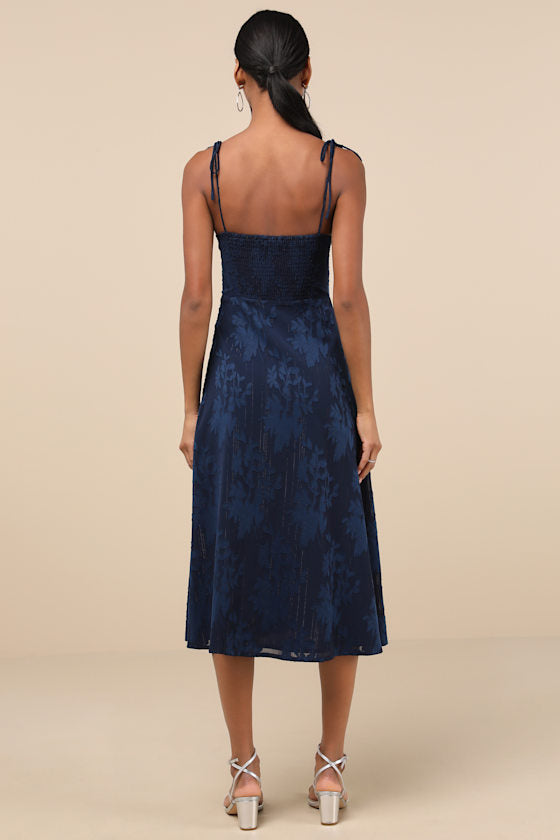 Loveliest Looks Dusty Blue Floral Jacquard Tie-Strap Midi Dress