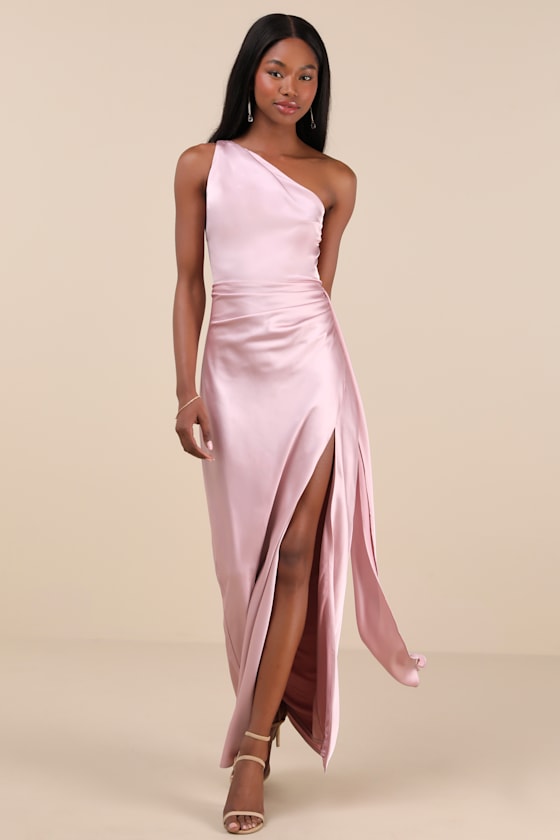 Signature Elegance Slate Blue Satin One-Shoulder Maxi Dress
