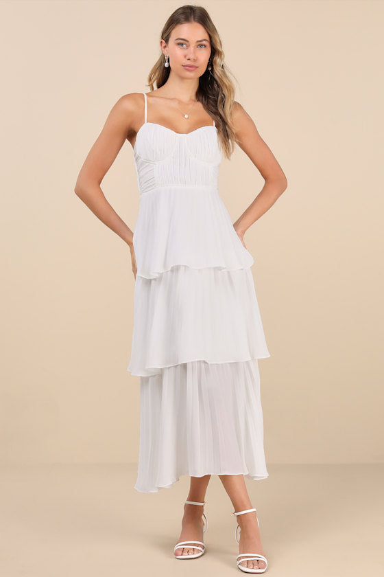 Cascading Crush Blush Pink Tiered Bustier Midi Dress