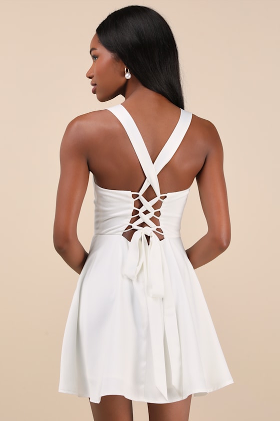 Admirably Chic Light Blue Satin Lace-Up Mini Dress with Pockets