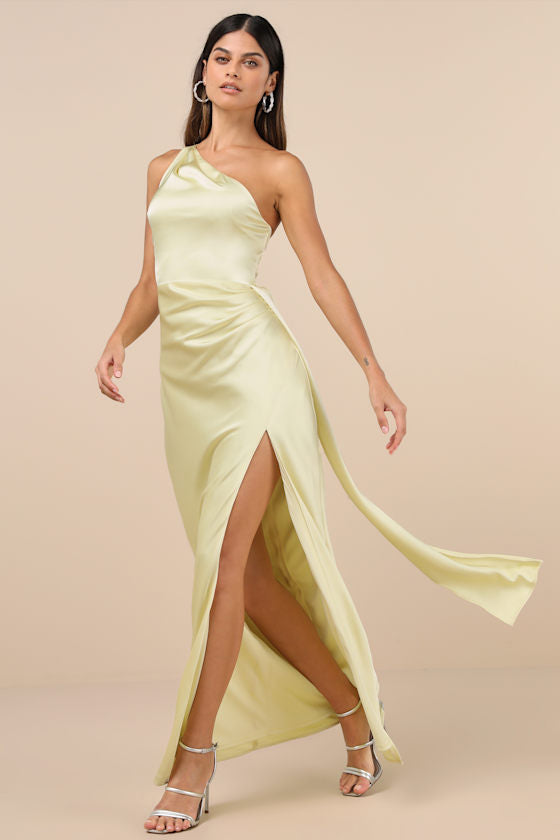 Signature Elegance Slate Blue Satin One-Shoulder Maxi Dress