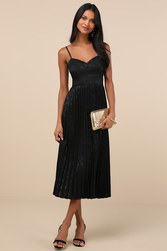 Regal Romance Emerald Floral Jacquard Pleated Satin Midi Dress