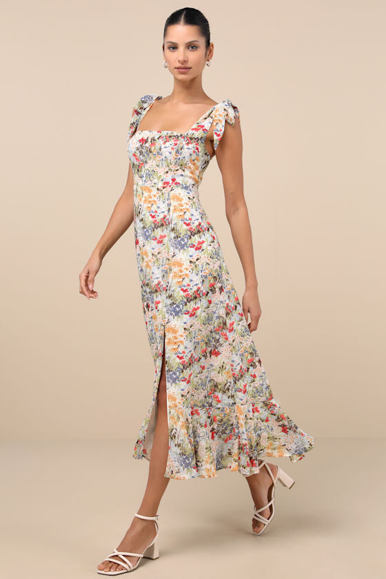 Summer Invite White and Pink Toile Tie-Strap Tiered Midi Dress