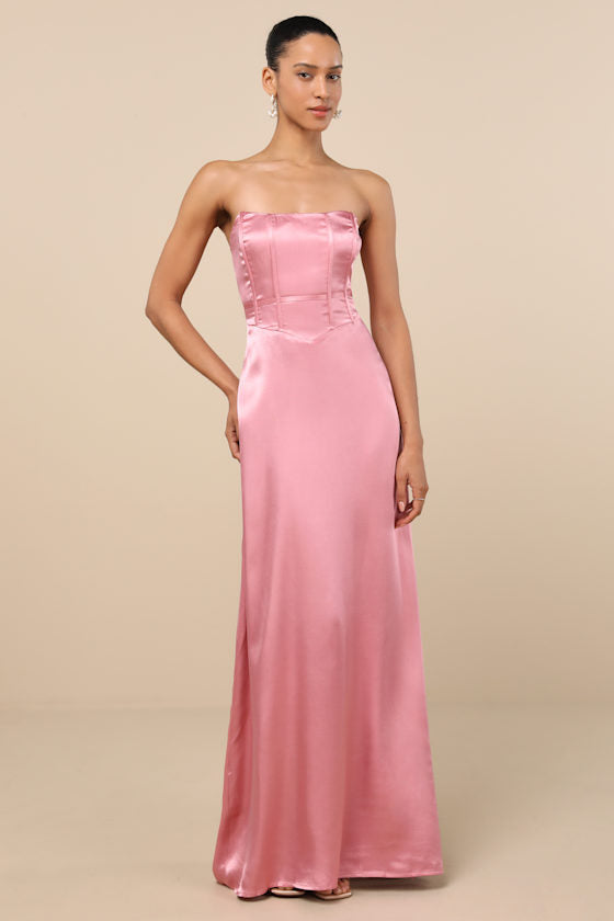 Extraordinary Presence Dark Green Satin Strapless Maxi Dress