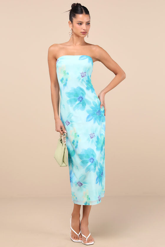 Jaylah Light Blue Multi Mesh Strapless Midi Dress