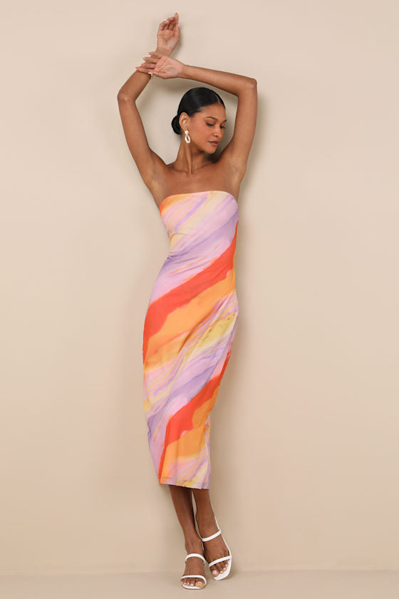 Jaylah Lavender Multi Mesh Strapless Midi Dress
