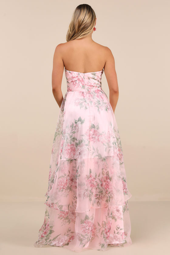 Truly Extraordinary Purple Floral Organza Strapless Maxi Dress