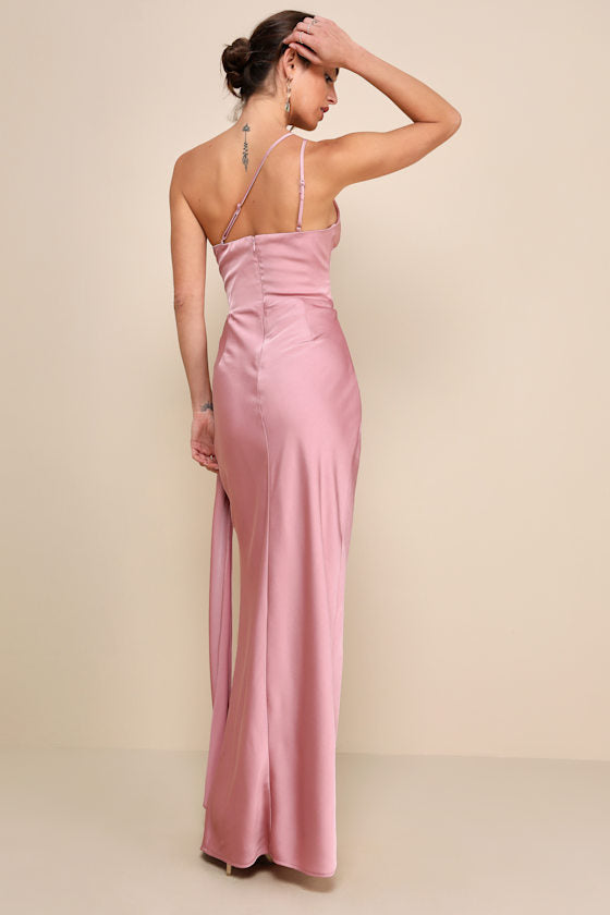 Signature Elegance Navy Satin One-Shoulder Maxi Dress