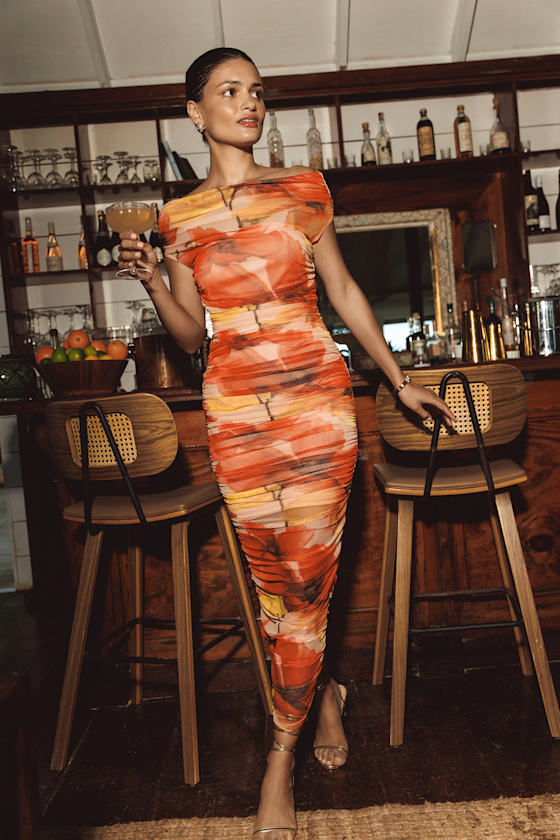 Sunama Orange Floral Mesh Ruched Bodycon Midi Dress