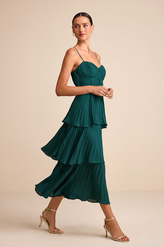 Cascading Crush Blush Pink Tiered Bustier Midi Dress