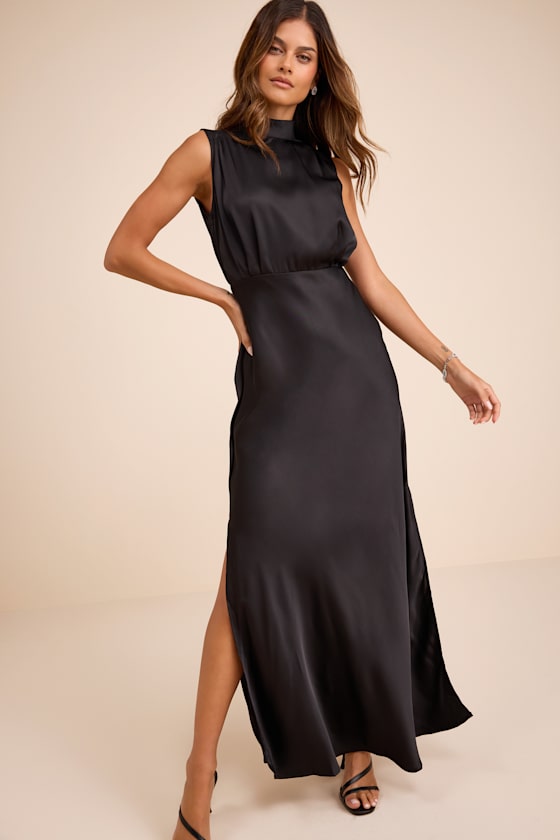 Classic Elegance Navy Satin Sleeveless Mock Neck Maxi Dress