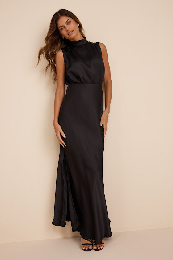 Classic Elegance Navy Satin Sleeveless Mock Neck Maxi Dress