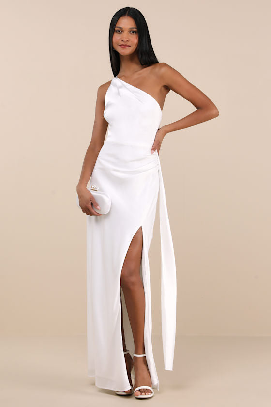 Signature Elegance Slate Blue Satin One-Shoulder Maxi Dress