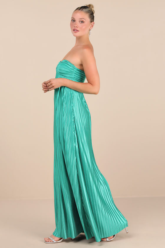Whimsical Beauty Emerald Green Satin Plisse Strapless Maxi Dress